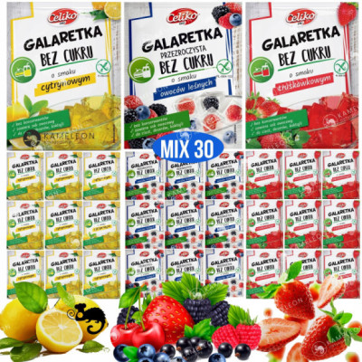 GALARETKA BEZ CUKRU glutenu TRUSKAWKA CYTRYNA OWOCE LASU MIX 30szt CELIKO