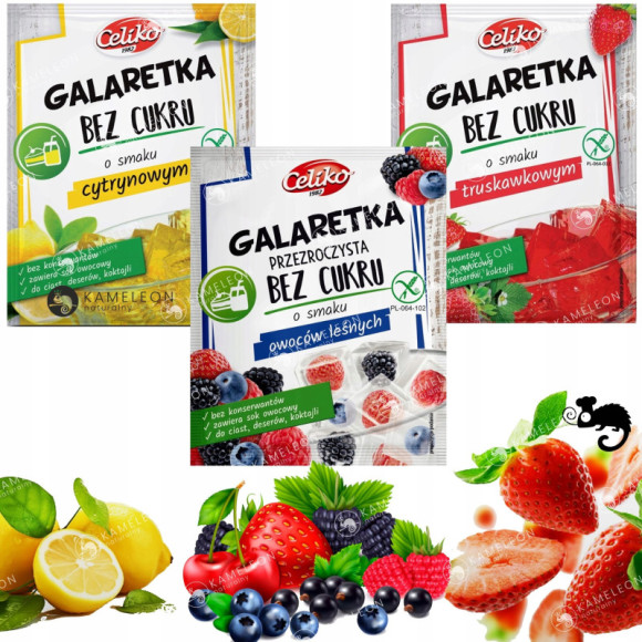 GALARETKA BEZ CUKRU glutenu TRUSKAWKA CYTRYNA OWOCE LASU MIX 3szt CELIKO GALARETKA BEZ CUKRU glutenu TRUSKAWKA CYTRYNA OWOCE LASU MIX 3szt CELIKO