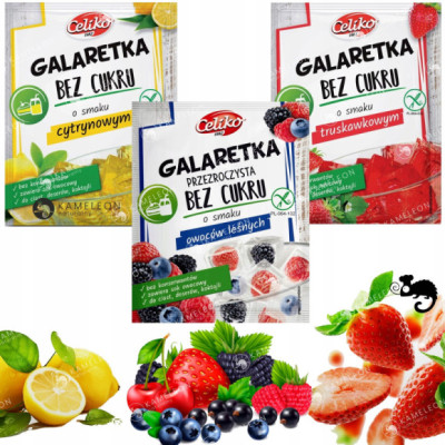 GALARETKA BEZ CUKRU glutenu TRUSKAWKA CYTRYNA OWOCE LASU MIX 3szt CELIKO