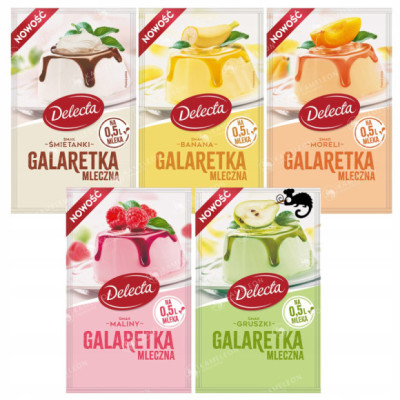 GALARETKA MLECZNA - BANAN MALINA GRUSZKA ŚMIETANKA MORELA mix 5szt Delecta