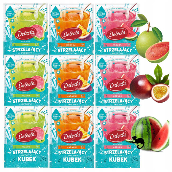 9x DELECTA STRZELAJĄCY OWOCOWY KUBEK Kisiel GUAVA ARBUZ MARAKUJA mix smaków 9x DELECTA STRZELAJĄCY OWOCOWY KUBEK Kisiel GUAVA ARBUZ MARAKUJA mix smaków
