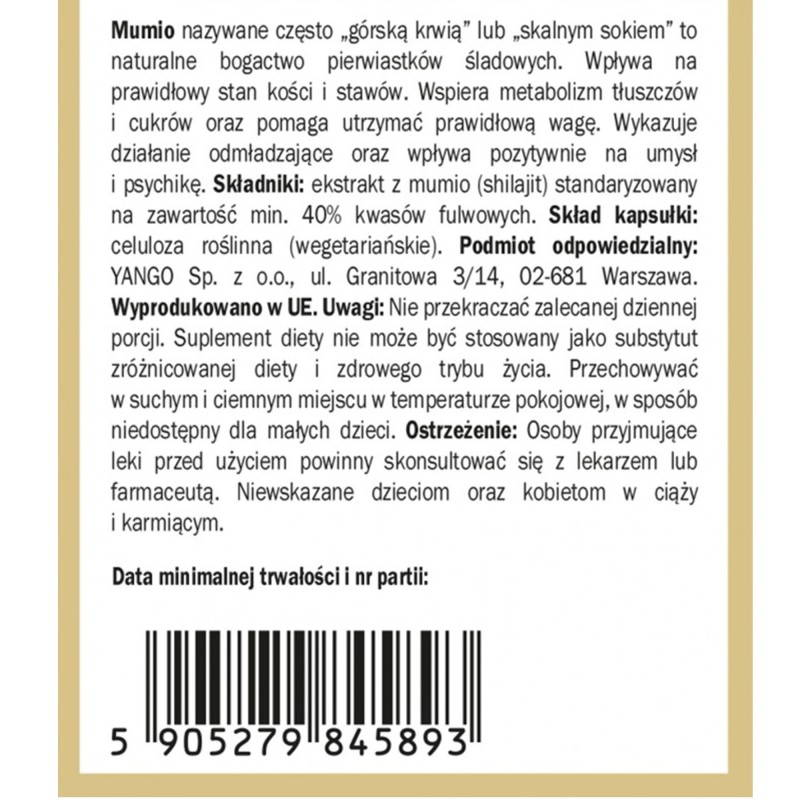 Yango MUMIO SHILAJIT 40% KWASÓW FELUROWYCH wsparcie