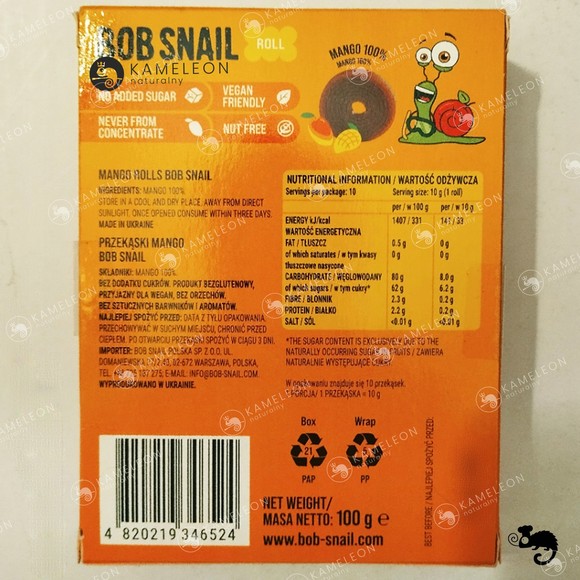 BOB SNAIL ROLLS przekąska owocowa bez dodatku cukru MANGO