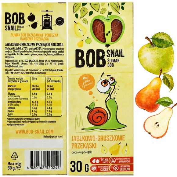 BOB SNAIL ROLLS  przekąska bez cukru JABKO GRUSZKA 30g