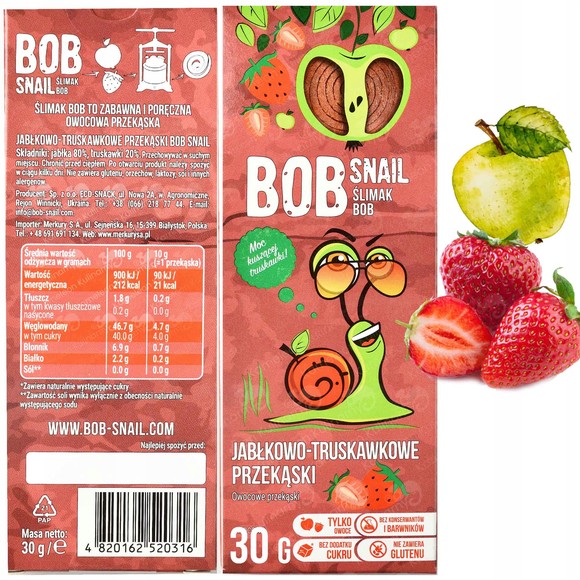 BOB SNAIL ROLLS  przekąska bez cukru JABKO GRUSZKA 30g