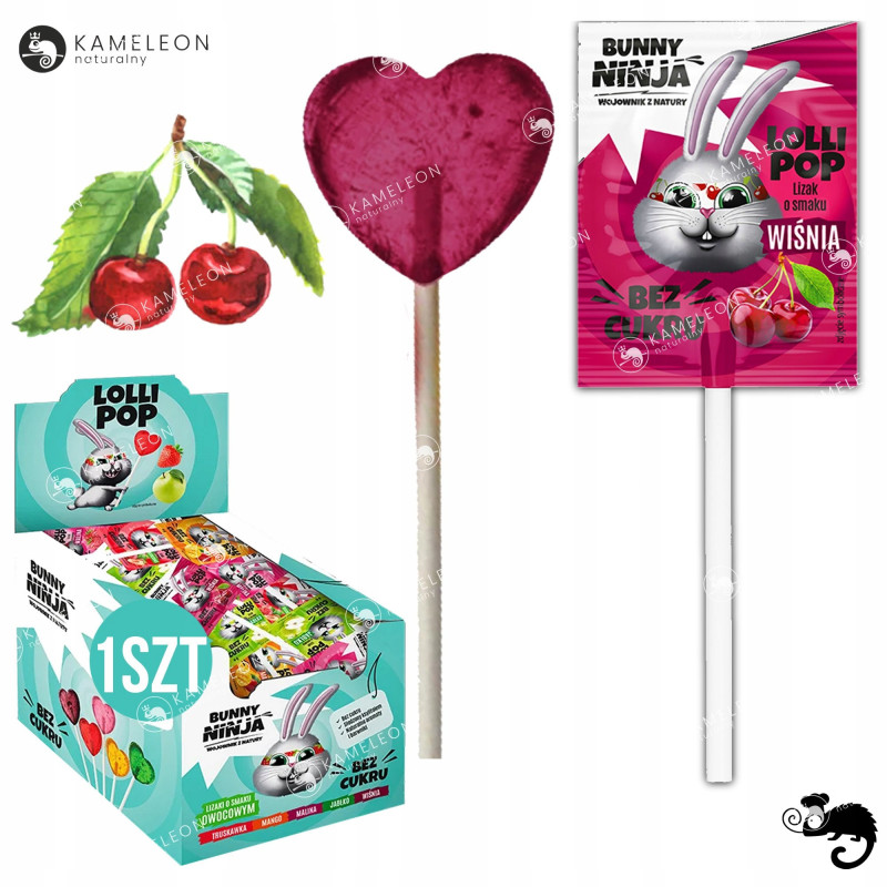 BUNNY NINJA LOLLIPOP LIZAK SERCE SERDUSZKO bez cukru WIŚNIA WIŚNIOWY 1szt