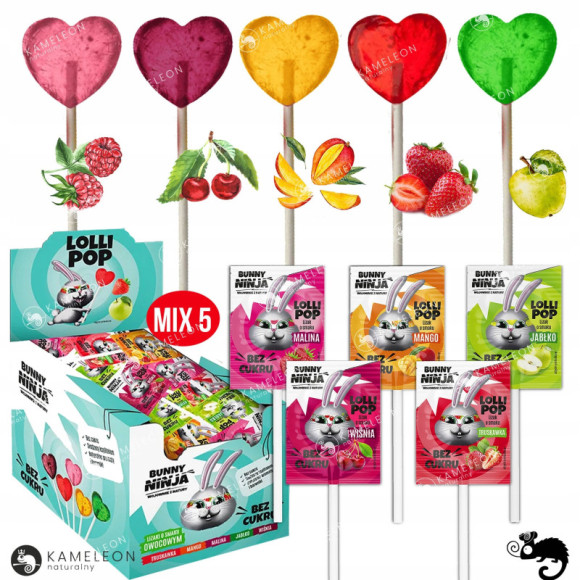 BUNNY NINJA LOLLIPOP LIZAK SERCE SERDUSZKO bez cukru WIŚNIA WIŚNIOWY 1szt BUNNY NINJA LOLLIPOP LIZAK SERCE SERDUSZKO bez cukru WIŚNIA WIŚNIOWY 1szt