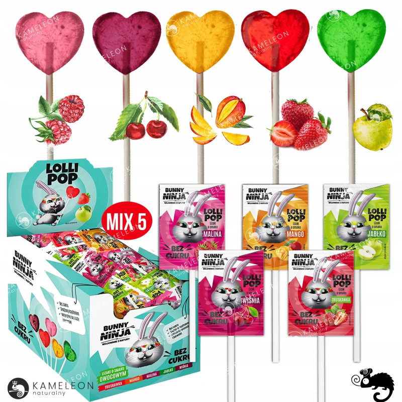 BUNNY NINJA LOLLIPOP LIZAK SERCE SERDUSZKO bez cukru WIŚNIA WIŚNIOWY 1szt
