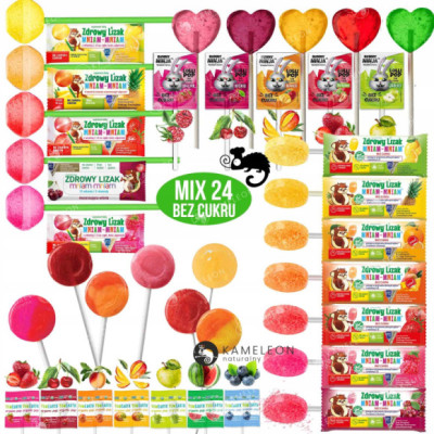 ZDROWY LIZAK ŁEZKA KULKA bez cukru YUM EARTH LOLLIPOP BUNNY NINJA mix 24szt