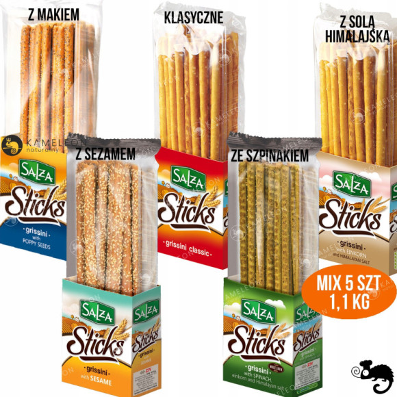 SALZA STICKS GRISSINI PALUCHY PALUSZKI CHLEBOWE mix smaków 5 paczek 1,1KG SALZA STICKS GRISSINI PALUCHY PALUSZKI CHLEBOWE mix smaków 5 paczek 1,1KG