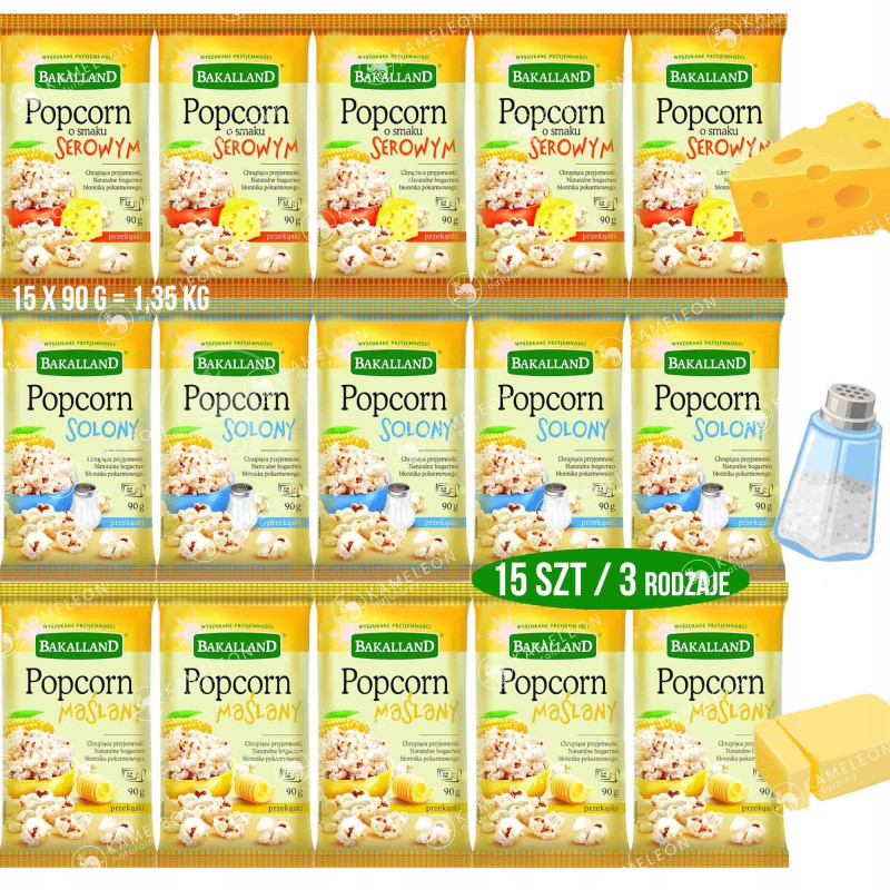 BAKALLAND POPCORN DO MIKROFALÓWKI 15szt MIX SMAKÓW Maślany Solony Serowy
