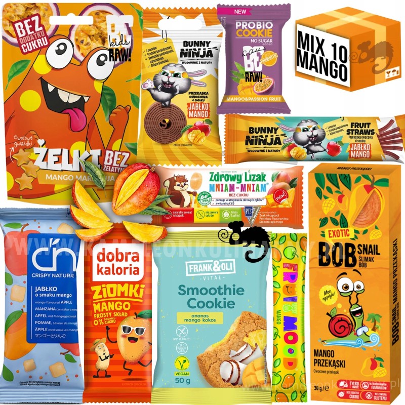 ZESTAW SŁODYCZY O SMAKU MANGO 10szt CIASTKO BATON LIZAK