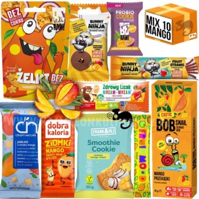 ZESTAW SŁODYCZY O SMAKU MANGO 10szt CIASTKO BATON LIZAK