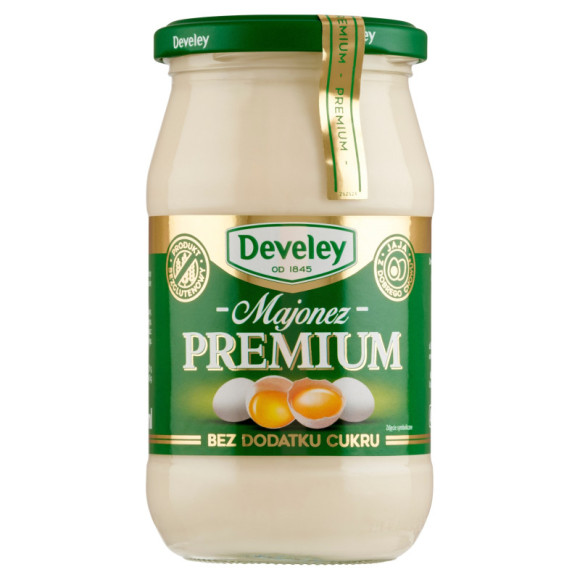 DEVELEY MAJONEZ PREMIUM BEZ DODATKU CUKRU jaja z dobrego chowu 400ml DEVELEY MAJONEZ PREMIUM BEZ DODATKU CUKRU jaja z dobrego chowu 400ml