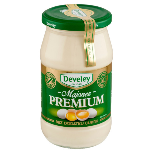 DEVELEY MAJONEZ PREMIUM BEZ DODATKU CUKRU jaja z dobrego chowu 400ml DEVELEY MAJONEZ PREMIUM BEZ DODATKU CUKRU jaja z dobrego chowu 400ml