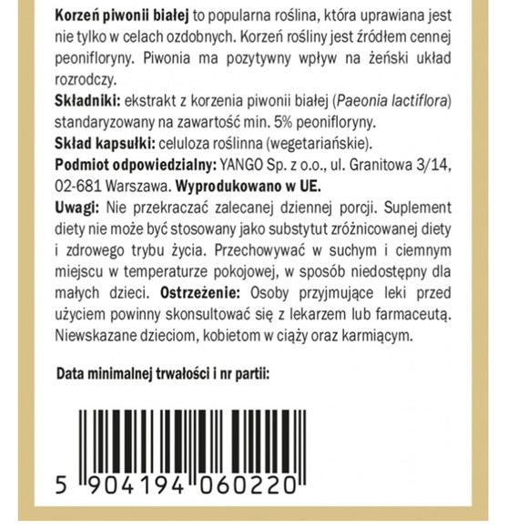 Yango PIWONIA BIAŁA KORZEŃ wsparcie BÓLE MENSTRUACYJNE