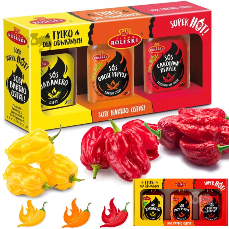 Zestaw 3 OSTRYCH SOSÓW HABANERO GHOST PEPPER CAROLINA REAPER 345g ROLESKI