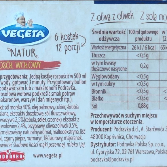 VEGETA KOSTKA ROSOŁOWA BULIONOWA ROSÓŁ WOŁOWY 60g PODRAVKA
