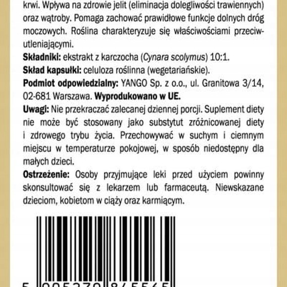 Yango KARCZOCH ekstrakt 10:1 60kaps. wsparcie: TRAWIENIE