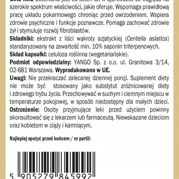 Yango GOTU KOLA 100kaps. Wąkrota Azjatycka PRAWIDŁOWA PRACA