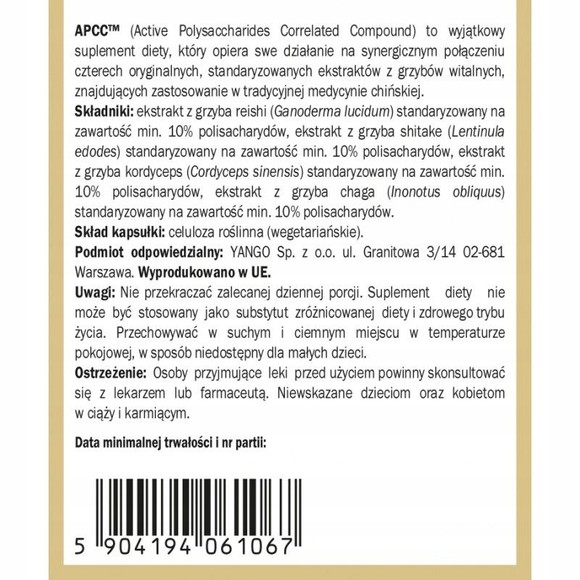 Yango APCC grzyby REISHI SHITAKE CHAGA KORDYCEPS 100kps