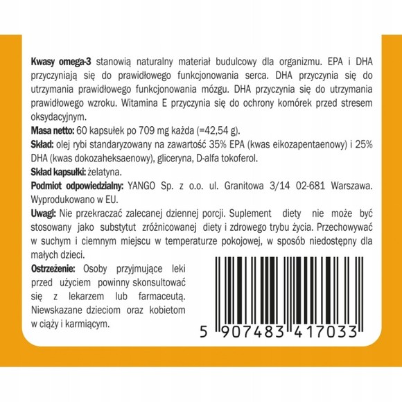 Yango OMEGA 3 KWASY TŁUSZCZOWE olej rybi OMEGA 3 709mg 60