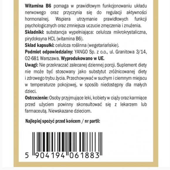 Yango WITAMINA B6 PIRYDOKSYNA 90k na UKŁAD NERWOWY