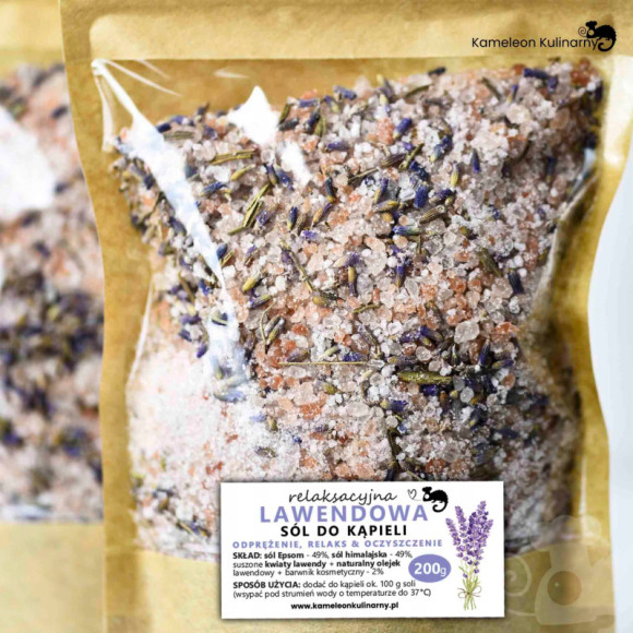 LAWENDOWA SÓL DO KĄPIELI sól Epsom + sól himalajska + lawenda + olejek 200g LAWENDOWA SÓL DO KĄPIELI sól Epsom + sól himalajska + lawenda + olejek 200g