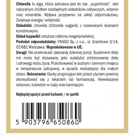 Yango CHLORELLA przerwane ściany komórkowe wsparcie