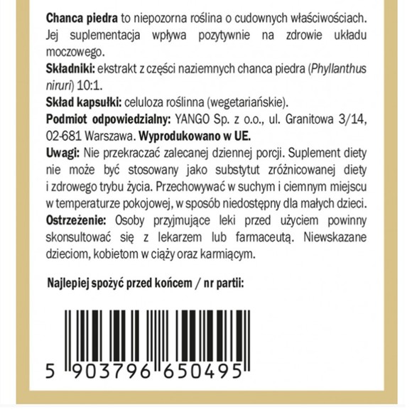 Yango CHANCA PIEDRA wsparcie UKŁAD MOCZOWY KAMICA NERKOWA