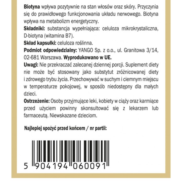 Yango BIOTYNA 90 witamina B7 2500ug wsparcie SKÓRA WŁOSY