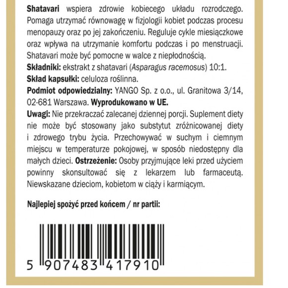 Yango SHATAVARI wsarcie MENOPAUZA RÓWNOWAGA HORMONALNA 90