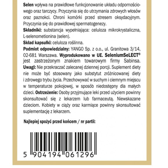 Yango SELEN FORMA ORGANICZNA wsparcie ODPORNOŚĆ TARCZYCA
