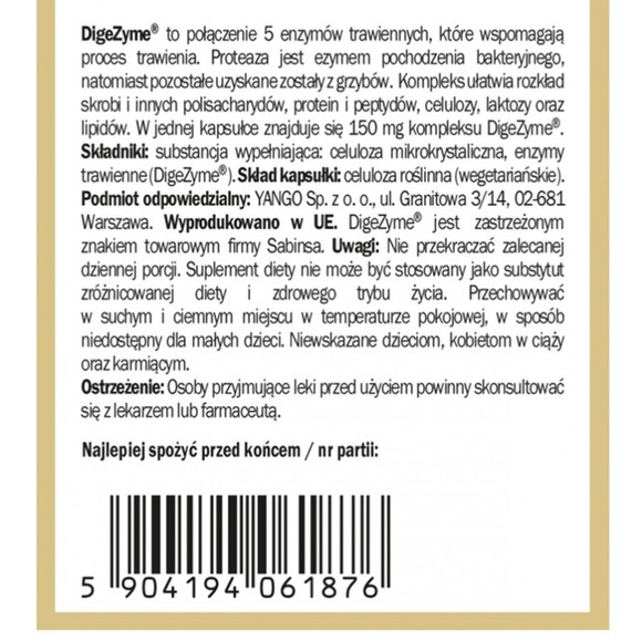 Yango ENZYMY TRAWIENNE amylaza laktaza wsparcie PRAWIDŁOWE