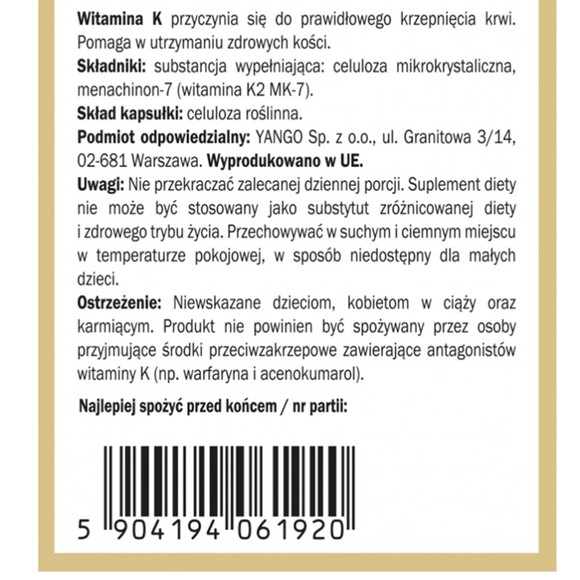 Yango WITAMINA K2 MK-7 wsparcie KRZEPNIĘCIE KRWI ZDROWE