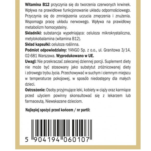 Yango WITAMINA B12 METYLOKOBALAMINA 100 ΜG FORMA AKTYWNA