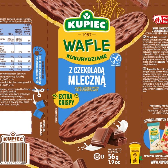 WAFLE KUPIEC KUKURYDZIANE Z CZEKOLADĄ MLECZNĄ 56G