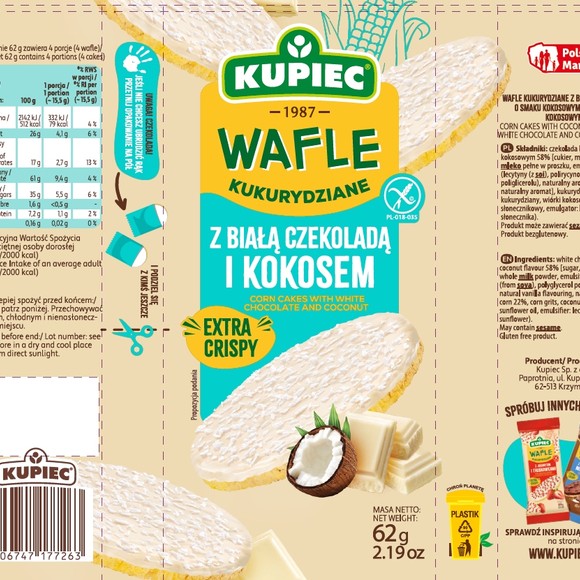 Kupiec WAFLE KUKURYDZIANE Z CZEKOLADĄ BIAŁĄ I WIÓRKAMI