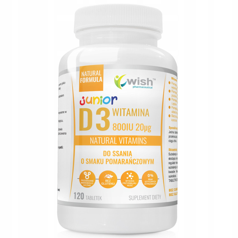 WISH WITAMINA D3 800IU  DLA DZIECI do ssania o smaku POMARAŃCZOWYM 120 tabletek
