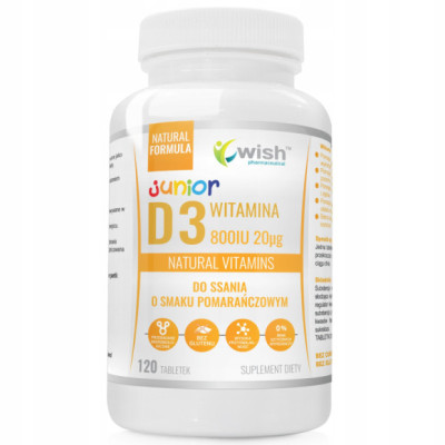 WISH WITAMINA D3 800IU  DLA DZIECI do ssania o smaku POMARAŃCZOWYM 120 tabletek