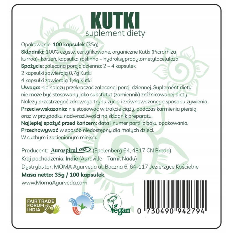 Aurospirul KUTKI - wsparcie na: TRAWIENIE OCZYSZCZANIE WĄTROBA 100 kapsułek