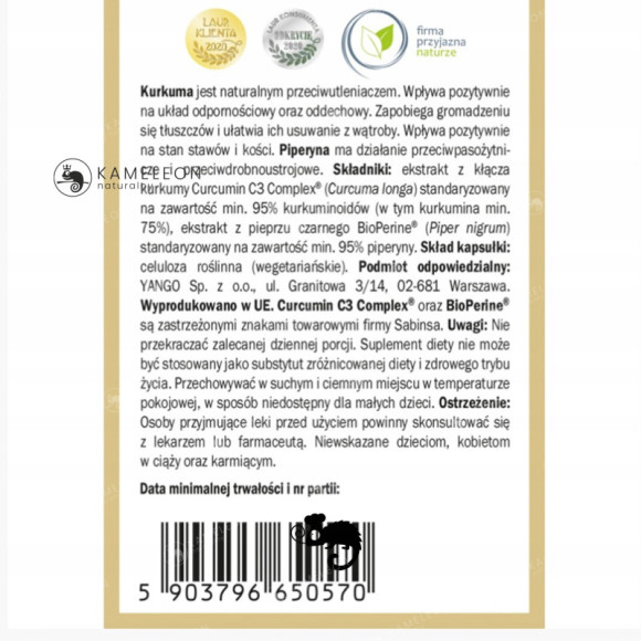 Yango KURKUMINA 95 + PIPERYNA wsparcie: ODPORNOŚĆ STANY ZAPALNE 60kaps. Yango KURKUMINA 95 + PIPERYNA wsparcie: ODPORNOŚĆ STANY ZAPALNE 60kaps.