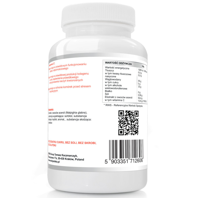 ACEROLA FORTE 250mg 120 past. DO SSANIA O SMAKU WIŚNI naturalna WITAMINA C