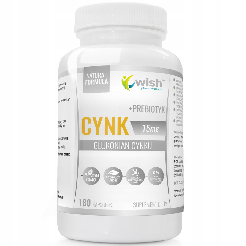 CYNK 15mg GLUKONIAN CYNKU + PREBIOTYK 180kaps WISH wsparcie ODPORNOŚĆ SKÓRA