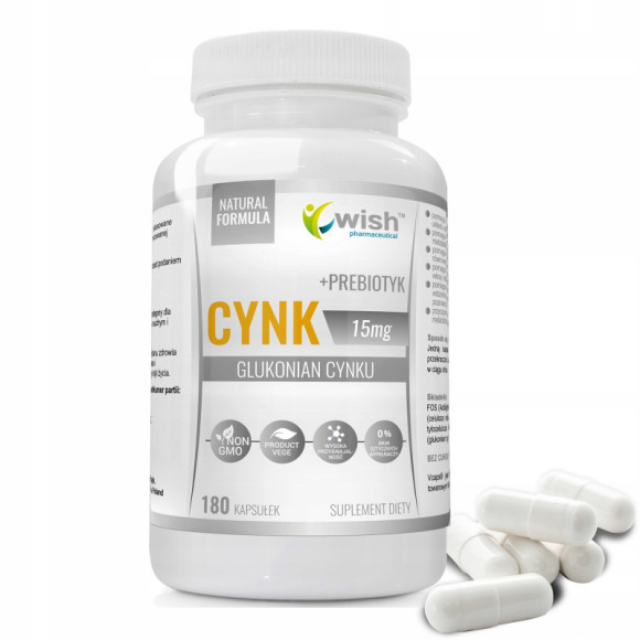 CYNK 15mg GLUKONIAN CYNKU + PREBIOTYK 180kaps WISH wsparcie ODPORNOŚĆ SKÓRA CYNK 15mg GLUKONIAN CYNKU + PREBIOTYK 180kaps WISH wsparcie ODPORNOŚĆ SKÓRA