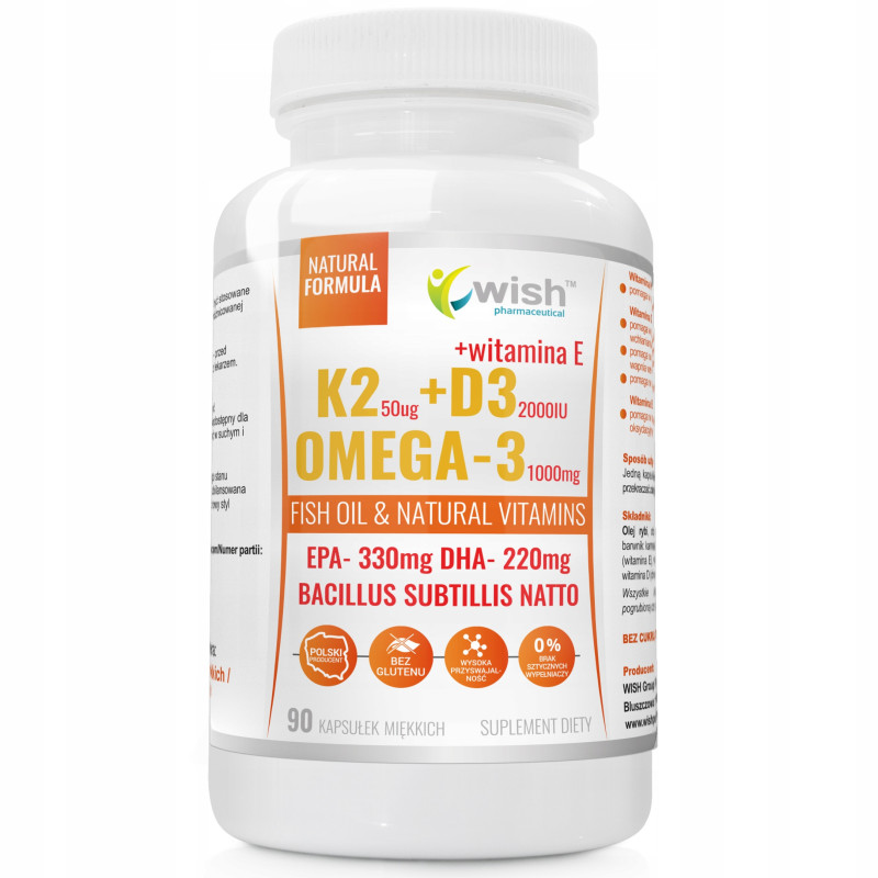 WITAMINA K2+D3 K2 + D3 MK7 + E + OMEGA 3 - 90kaps WISH wsparcie ODPORNOŚĆ