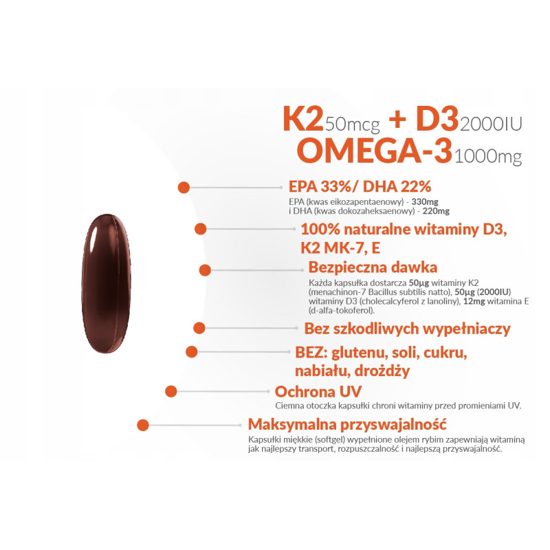 WITAMINA K2+D3 K2 + D3 MK7 + E + OMEGA 3 - 90kaps WISH wsparcie ODPORNOŚĆ