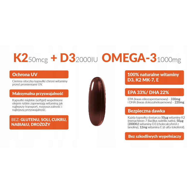 WITAMINA K2+D3 K2 + D3 MK7 + E + OMEGA 3 - 90kaps WISH wsparcie ODPORNOŚĆ