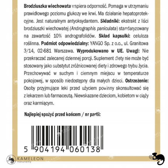 Yango BRODZIUSZKA Andrographis paniculata wsparcie: BORELIOZA ODPORNOŚĆ 90k Yango BRODZIUSZKA Andrographis paniculata wsparcie: BORELIOZA ODPORNOŚĆ 90k