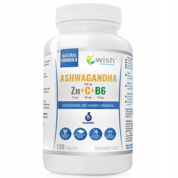 ASHWAGANDHA + Zn CYNK + WITAMINA C + B6 120tabl WISH wsparcie UKŁAD NERWOWY ASHWAGANDHA + Zn CYNK + WITAMINA C + B6 120tabl WISH wsparcie UKŁAD NERWOWY